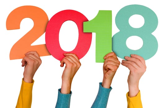 Hands with color numbers shows year 2018. Isolated on white background