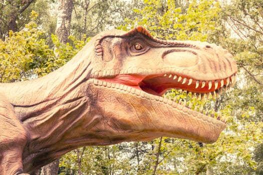 Raubonys Park,Lithuania - 23 August 2017.Close-up head of Tyrannosaurus rex with open mouth