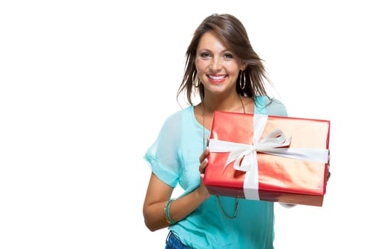 Happy attractive young woman with red gift with white bow Cheerfully isolated against white background with text space