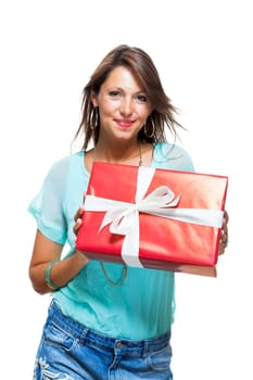 Happy attractive young woman with red gift with white bow Cheerfully isolated against white background with text space