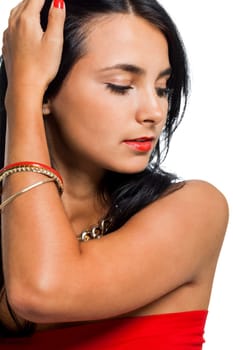 Close-up of a young woman girl with black hair beauty portrait isolated against white background