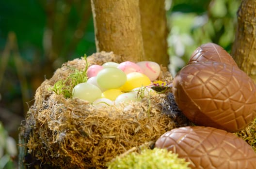 Easter eggs in a nest in the garden