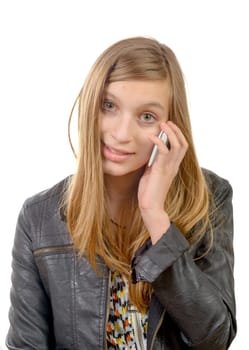a teenager with a cell phone on the white background