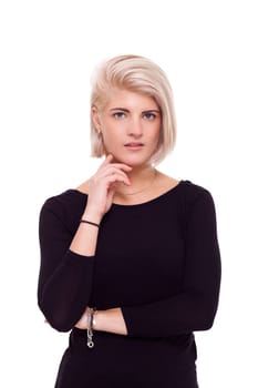 Young attractive woman in black top looks straight into the camera portrait Isolated aud white background