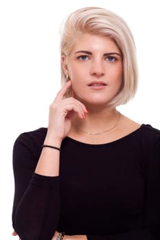 Young attractive woman in black top looks straight into the camera portrait Isolated aud white background