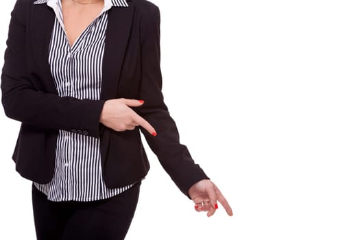 Young woman in business clothes shows with both arms in one direction isolated on white background