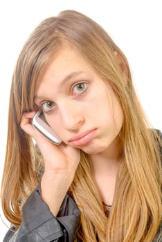 a teenage girl with a phone is unhappy