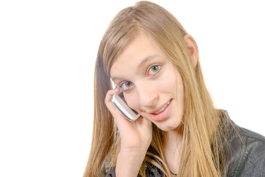 a teenager with a cell phone on the white background