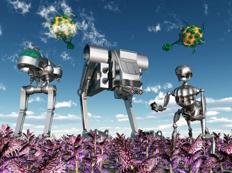 Computer-generated 3D illustration with alien robots in a distant world