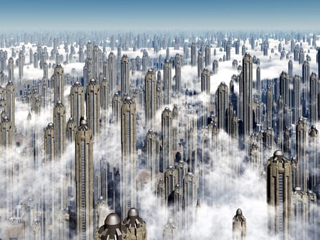 Computer-generated 3D illustration with futuristic skyscrapers
