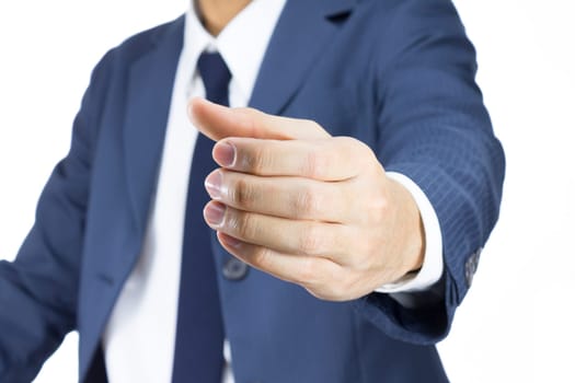 Businessman in Blue Suit Show Holding Hand Gesture Isolated on White Background. Concept about Small or Little Things
