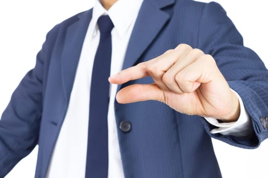 Businessman in Blue Suit Show Pinch Hand Gesture Isolated on White Background. Concept about Small or Little Things