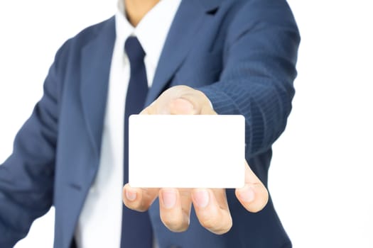 Businessman in Blue Suit Show Business Card or White Card at Low Level Isolated on White Background for Design about Organization or Company