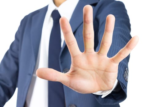 Businessman in Blue Suit Show Stop Sign of Hand Isolated on White Background. Concept about Stopping or Prevent.