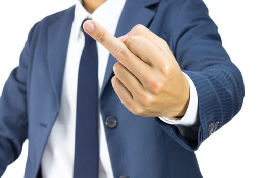 Businessman in Blue Suit Show Middle Finger or Fuck You Sign Isolated on White Background. Concept About Angry or Furious