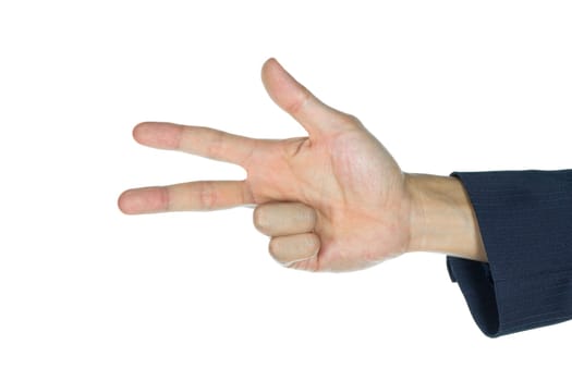 Three finger of businessman isolated on white background. Counting three finger of human.