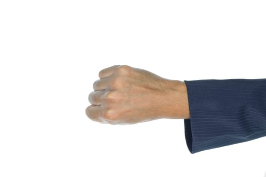 Fist of businessman on top view on white background. Concept about conflict or strong or resist