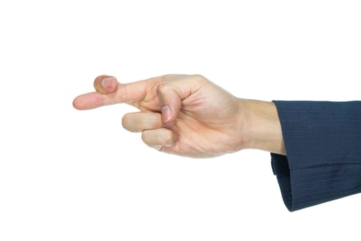 Businessman show crossed fingers on white background. Lying or dishonest in company or organization.