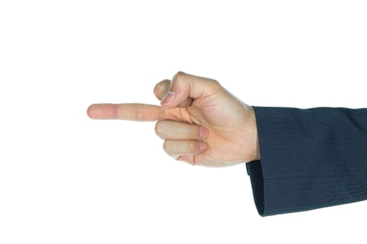 Middle finger of businessman on white background. Sign language or hand shape on conflict style.