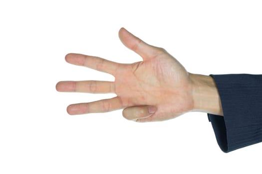 Four finger of businessman isolated on white background. Counting four finger of human.
