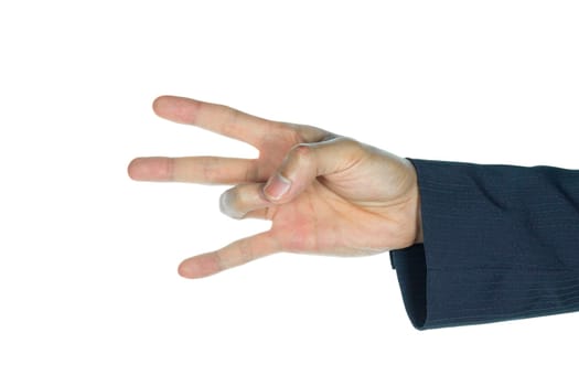 Holding ring finger of businessman on white background.