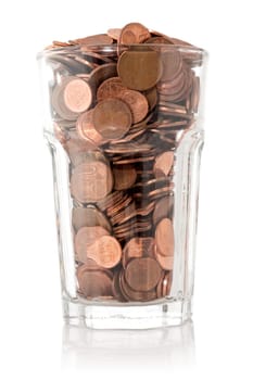 Saving money, glass full of coins, isolated on white background