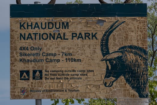 The entrance sign of Khaudum National Park, Namibia