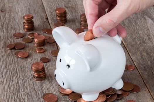 Hand placing coins in a white piggy-bank