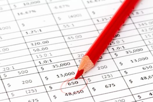 Macro view of red pencil on a report with many digits