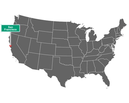 Landkarte der USA mit Orstsschild San Francisco