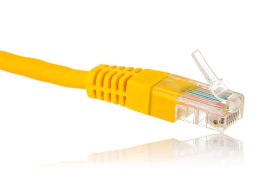 Closeup of yellow network ethernet cable on white background with space for text