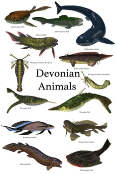 A collection of various animals and fish that lived in the Devonian Period of Earth's history.