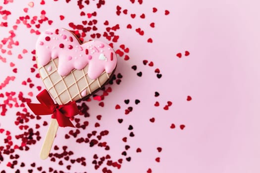 Melting ice cream heart gingerbread cookie. Valentine. Pink background, glitter. High quality photo