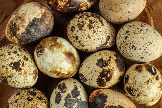 Top view on quail eggs with spotted shells on wooden plate.