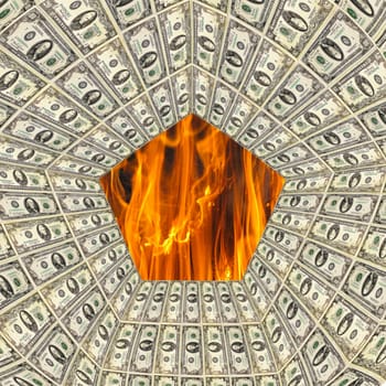 Pentagon of dollars in flame. Monetary figure. Abstraction made from dollars. American money. Money pattern with fire behind