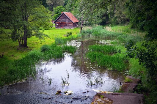 A small wooden house by the pond in the woods.