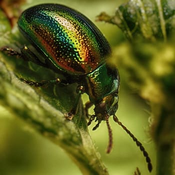 Green shiny beetle on the stem of grass.