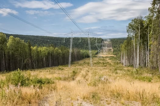 Power line supports. Electricity transmission and posts.