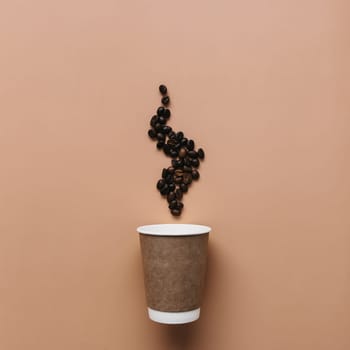 Beige background with paper coffee cup, coffee beans steam from hot coffee. High quality photo