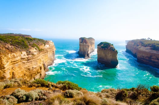 The Twelve Apostles, a famous collection of limestone stacks off the shore of the Port Campbell National Park, by the Great Ocean Road in Victoria, Australia