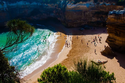 Port Campbell National Park, Victoria state, Australia - February 19, 2015: Tourists visiting the Twelve Apostles, a famous collection of limestone stacks off the shore of the Port Campbell National Park, by the Great Ocean Road in Victoria, Australia