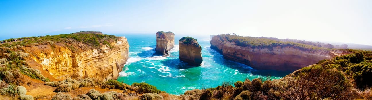 The Twelve Apostles, a famous collection of limestone stacks off the shore of the Port Campbell National Park, by the Great Ocean Road in Victoria, Australia