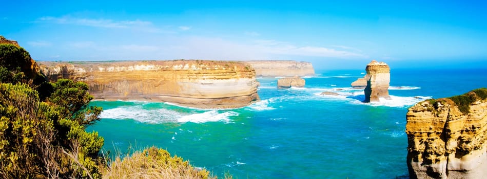 The Twelve Apostles, a famous collection of limestone stacks off the shore of the Port Campbell National Park, by the Great Ocean Road in Victoria, Australia