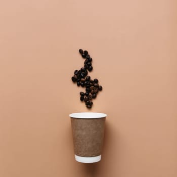 Beige background with paper coffee cup, coffee beans steam from hot coffee. High quality photo