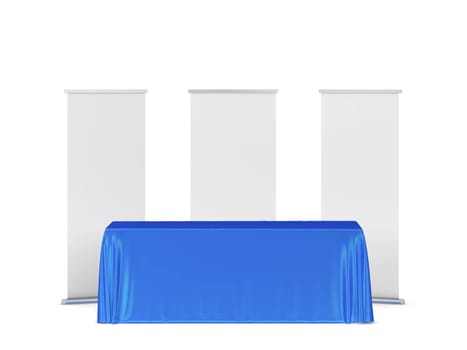 Blank tradeshow tablecloth with roll-up banners aside. 3d illustration isolated on white background