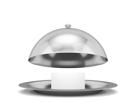 Shiny cloche plate with card inside. 3d illustration isolated on white background