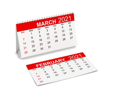 Calendar for year 2021. Week starts with sunday. 3d illustration isolated on white background