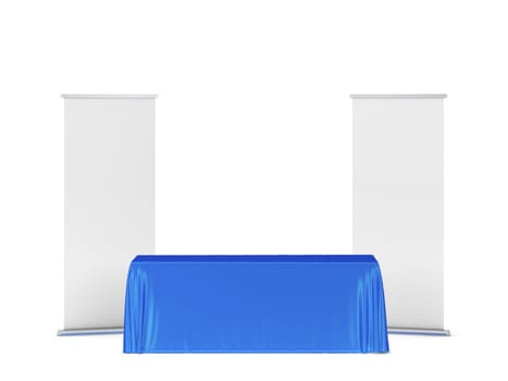 Blank tradeshow tablecloth with roll-up banners aside. 3d illustration isolated on white background