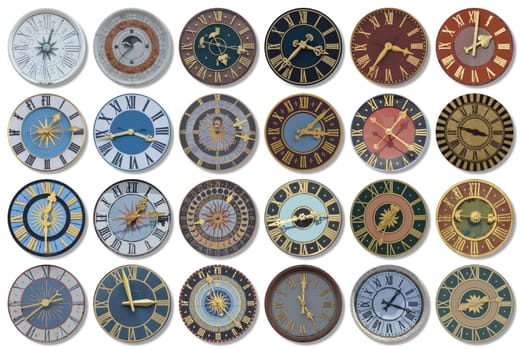 collection of multicolored ancient church tower clocks in different sizes and forms with roman numbers in regular rows on white background