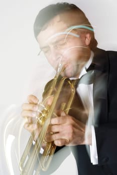 Close-up of a musician playing the trumpet